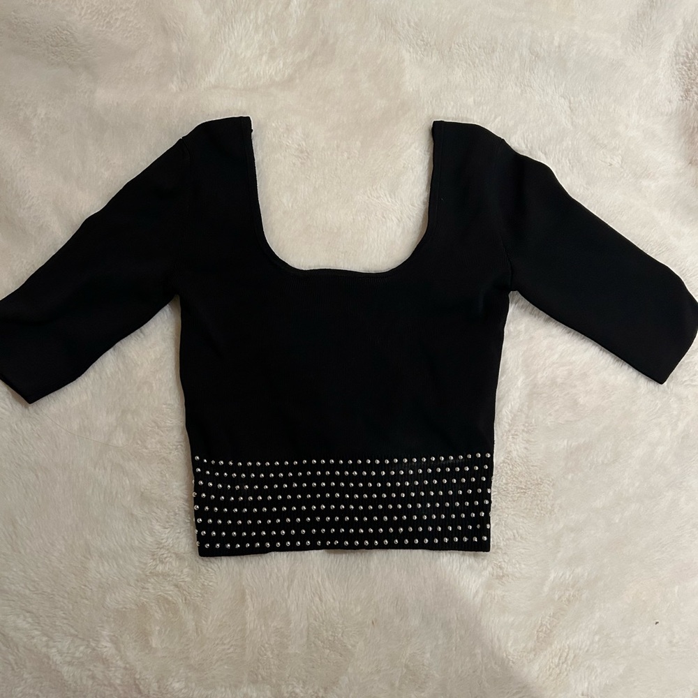 Bershka- Form fitted (stretchy) black crop top with silver gem waistband (S)$18